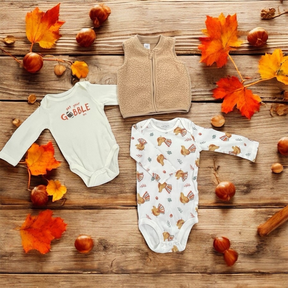 Carter's Cream and Tan Turkey Print Bodysuit Set - Picture 2 of 12
